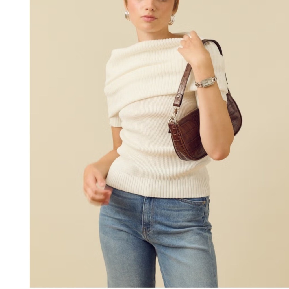 Djerf Avenue Knitted Bardot Top White Organic Cotton Ribbed Small NEW Italy